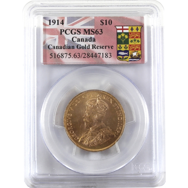 1914 Gold $10 PCGS MS63. In Canadian Gold Reserve Holder.