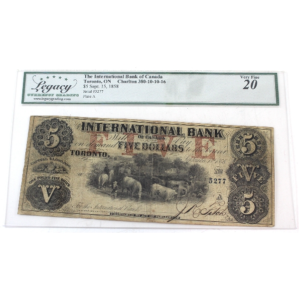380-10-10-16 1858 $5 International Bank of Canada Legacy VF20 Fitch SN: 5277