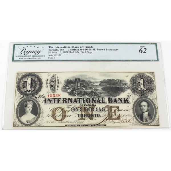 380-10-08-08 1858 $1 International Bank of Canada Brown Protectors Legacy UNC62 Fitch