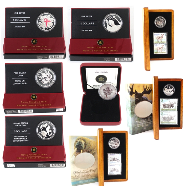 2004-2006 $1-$10 Bulk Collection of Fine Silver Coin & Stamp Sets. 8pcs. (Tax Exempt)
