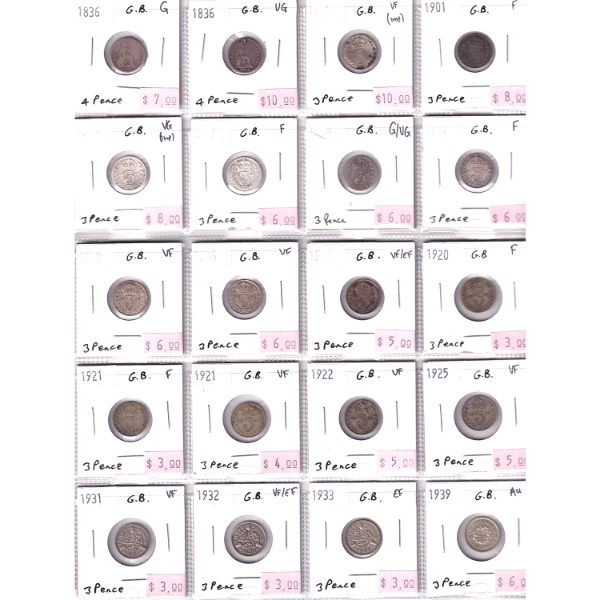 Great Britain Mixed Denomination 1835-1939 AG to AU in 20-Pocket Sheets. 40pcs.
