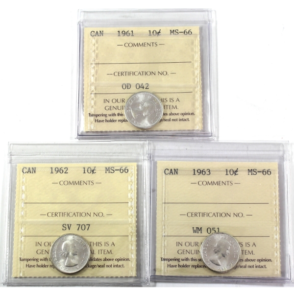 10-cent 1961, 1962, & 1963 ICCS MS66. 3pcs.