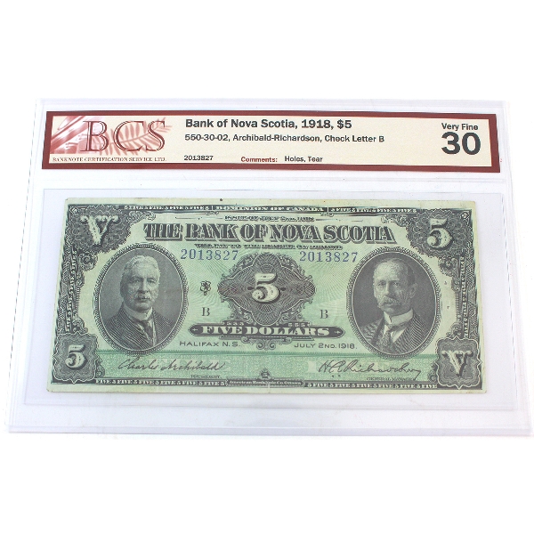 550-30-02 1918 $5 Bank of Nova Scotia BCS VF30 Archibald-Richardson, Check Letter B SN: 2013827 