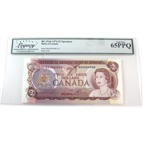 BC-47aS 1974 $2 Specimen Legacy GEM UNC65 PPQ Lawson-Bouey SN: BA0000000 611