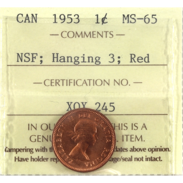 1-cent 1953 NSF; Hanging 3 ICCS MS65 Red