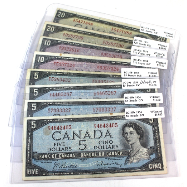 8x 1954 $5-$20 VF Beattie. 8pcs. 