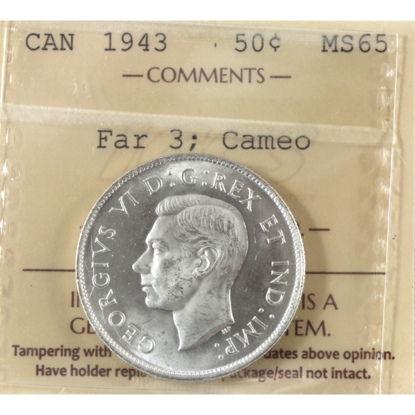 50-cent 1943 Far 3 ICCS MS65 Cameo