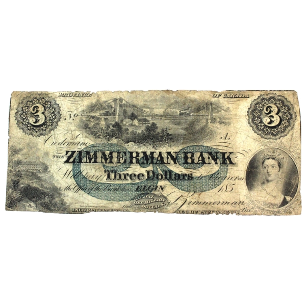 815-12-08-04R 185_ $3 Zimmerman Bank F Elgin Issue Remainder