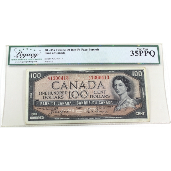 BC-35a 1954 $100 Devil's Face Legacy VF35 PPQ Coyne-Towers SN: A/J1300413