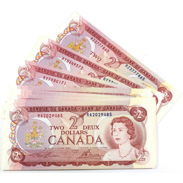 BC-47a Lot of 22x 1974 $2 UNC or Better Lawson-Bouey RA to RZ Prefix. 22pcs