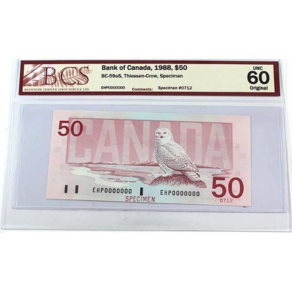 BC-59aS 1988 $50 SPECIMEN BCS UNC60 Original Thiessen-Crow SN: EHP0000000 0712