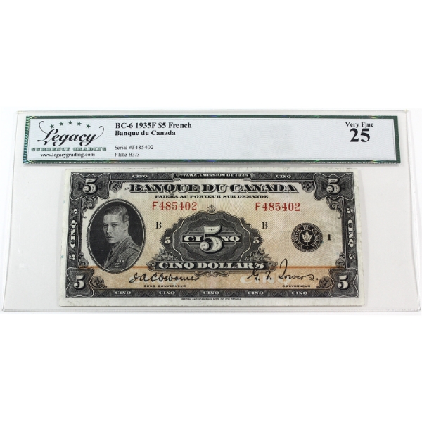 BC-6 1935F $5 French Legacy VF25 Osborne-Towers SN:F485402