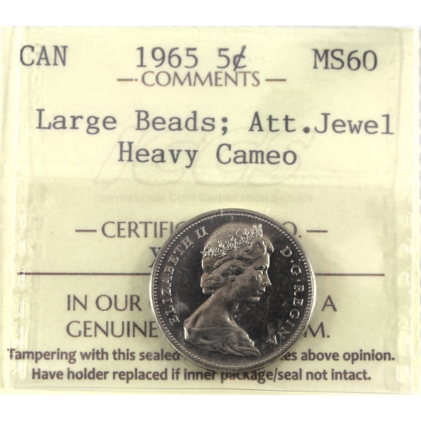 5-cent 1965 Large Beads; Att. Jewel ICCS MS60 Heavy Cameo