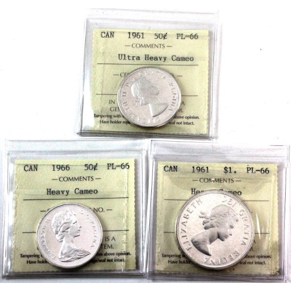 50-cent 1961 UHC, 1966 HC & Silver $1 1961 HC ICCS PL66. 3pcs