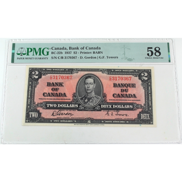 BC-22b 1937 $2 PMG AU58 Gordon-Towers SN: C/B3170367