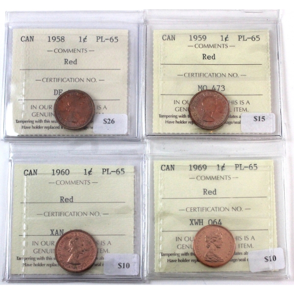1-cent 1958, 1959, 1960 & 1969 ICCS PL65 Red. 4pcs