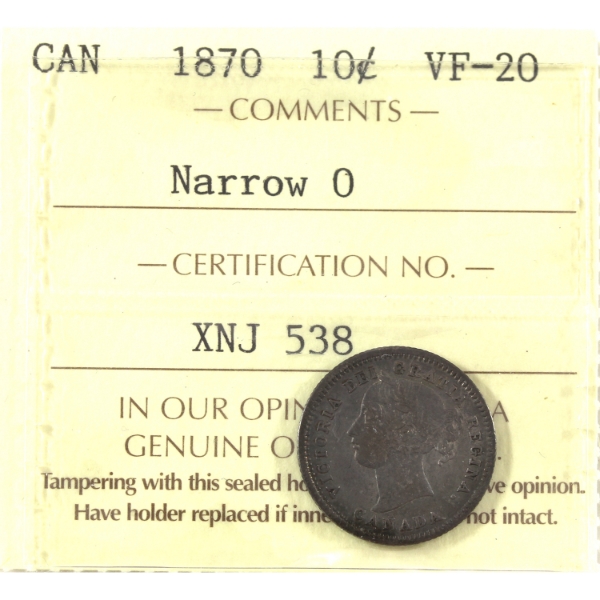 10-cent 1870 Narrow 0 ICCS VF20