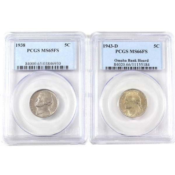 USA Jefferson Nickel FS 1938 MS65 & 1943D MS66 PCGS. 2pcs.