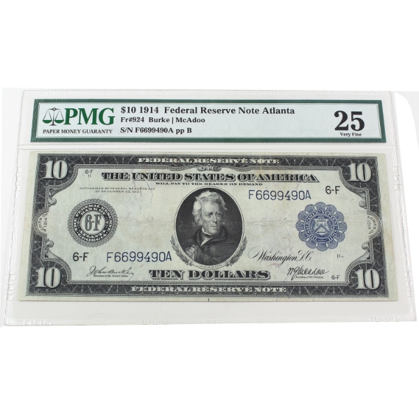 USA 1914 FR-924 Atlanta $10 PMG VF25 Burke-McAdoo SN:F6699490A pp B