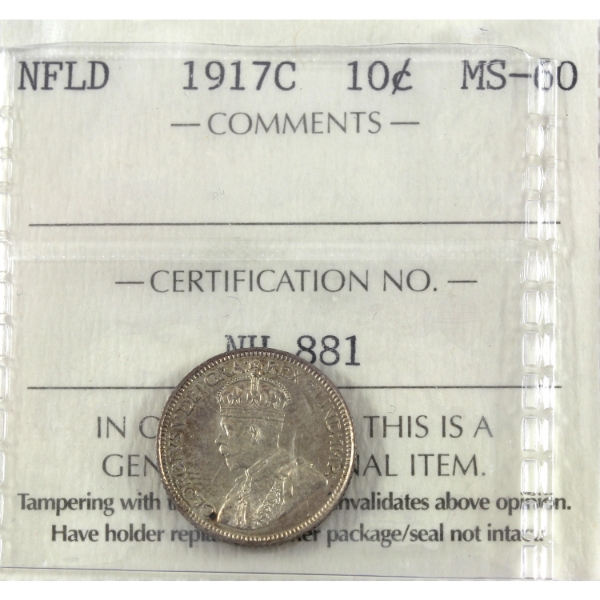 Newfoundland 10-cent 1917C ICCS MS60