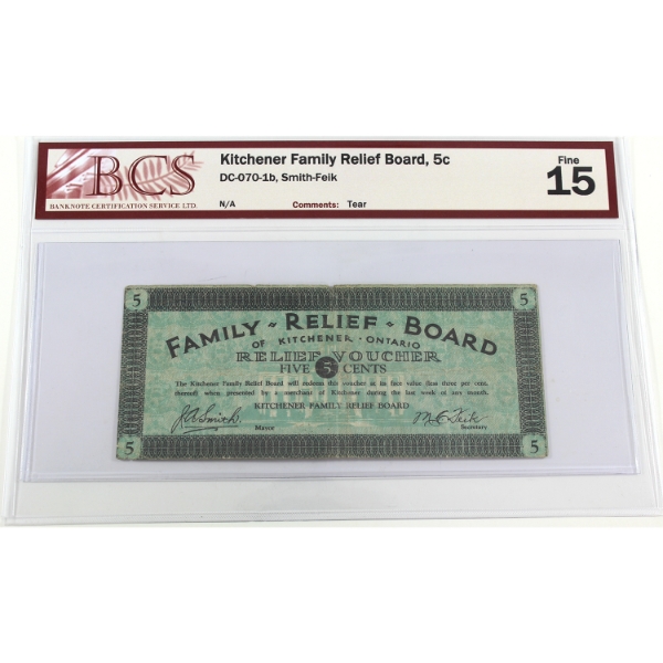 DC-070-1b 5-cent Kitchener Family Relief Board BCS F15 Smith-Fiek