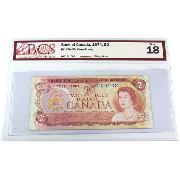 BC-47b-N8 1974 $2 Binary Note BCS F18 Crow-Bouey SN: AGZ1111001