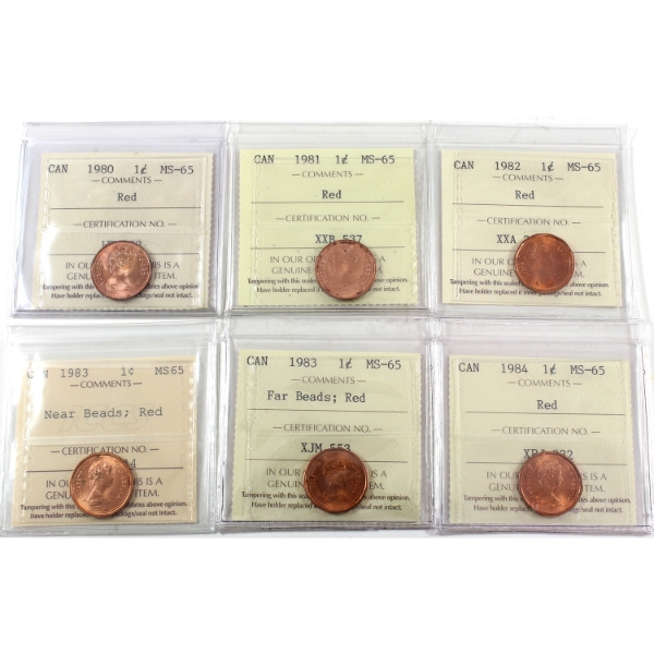 1-cent 1980-1984 ICCS MS65 Red. 6pcs.