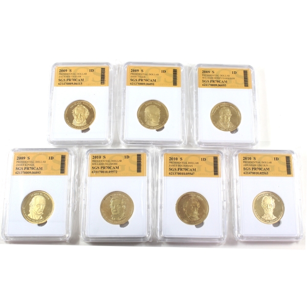 USA 2009S-2010S Presidential Dollars SGS Certified PR70 Cameo. 7pcs.