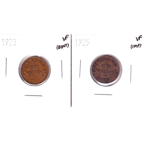 1-cent 1923 VF(bent) & 1925 VF(impaired). 2pcs.