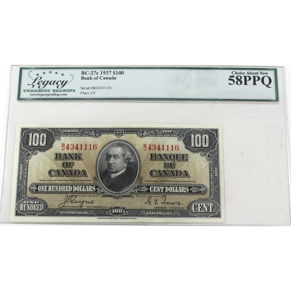 BC-27c 1937 $100 Legacy Choice AU58 PPQ Coyne-Towers SN: B/J4341116