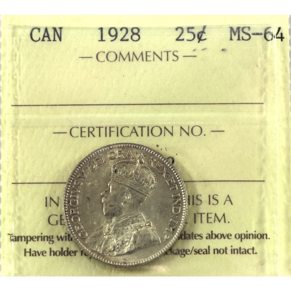 25-cent 1928 ICCS MS64