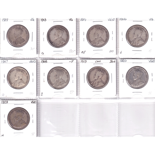 Lot of 9x 50-cent 1911-1929 All Approximately VG in Plastic Sheet. 9pcs