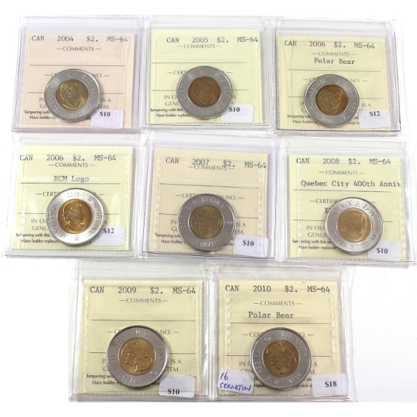 $2 2004, 2005, 2006, 2006 RCM Logo, 2007, 2008 Quebec City 400th Ann, 2009, 2010 16 Serrations ICCS