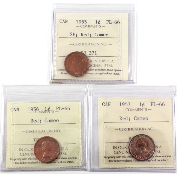 1-cent 1955 SF, 1956 & 1957 ICCS PL66 Red; Cameo. 3pcs.