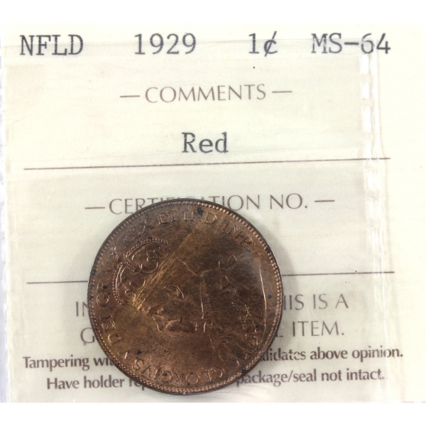 Newfoundland 1-cent 1929 ICCS MS64 Red