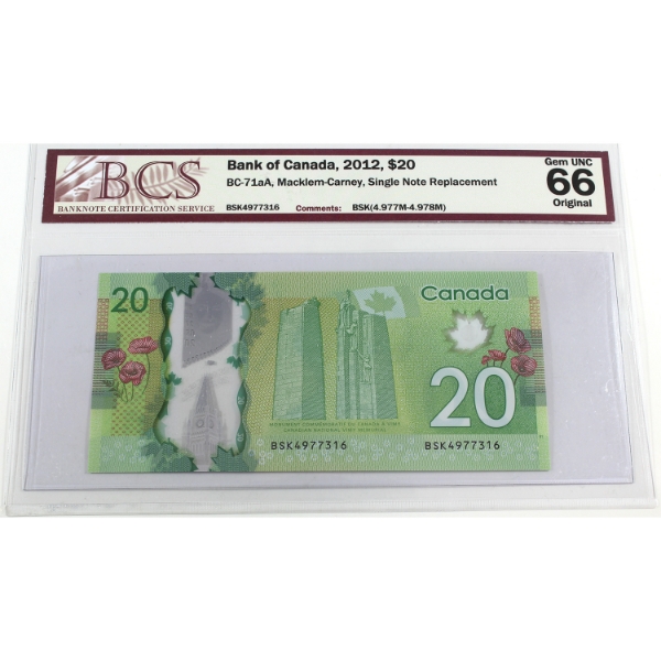 BC-71aA 2012 $20 BCS BSK Replacement GEM UNC66 Original Macklem-Carney SN: BSK4977316