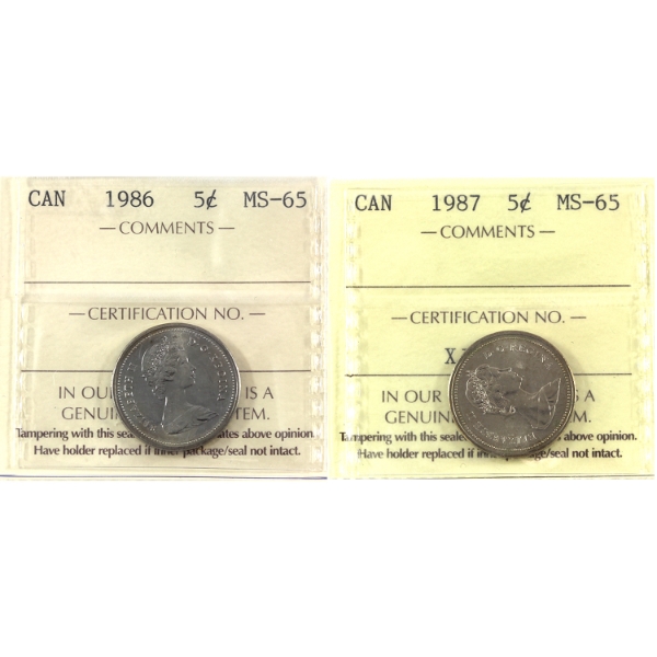5-cent 1986 & 1987 ICCS MS65. 2pcs