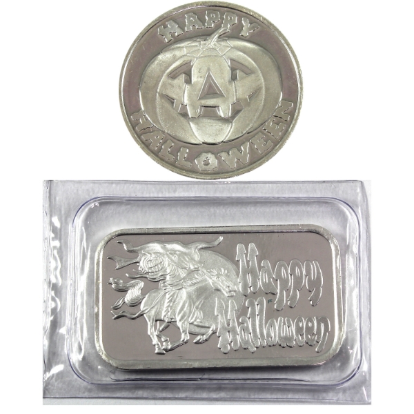 2x 1oz Unknown Refiner Happy Halloween .999 Fine Silver Bar & Round. 2pcs. (Tax Exempt)