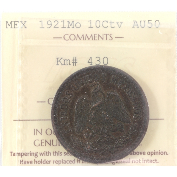 Mexico 1921Mo 10 Centavos ICCS AU50, KM-430