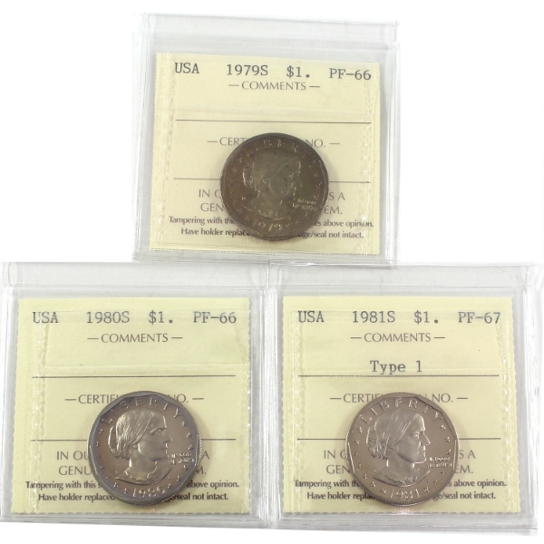 3x USA 1979S PF66, 1980S PF66, & 1981S Type 1 PF67; Susan B. Anthony Dollar ICCS UHC. 3pcs.