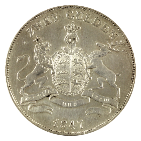 German States-Wurttemberg Silver 1847 2 Mark AU