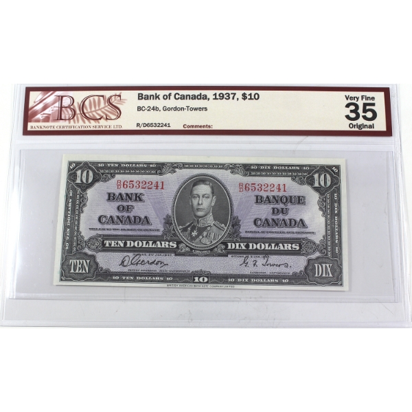 BC-24b 1937 $10 BCS VF35 Original Gordon-Towers SN: R/D6532241