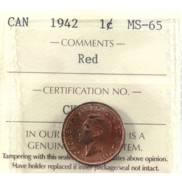 1-cent 1942 ICCS MS65 Red
