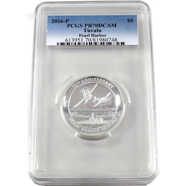 Tuvalu Silver 2016-P $5 75th Ann. of Pearl Harbor .9999 Fine Silver Concave Coin PCGS PR70 DCAM