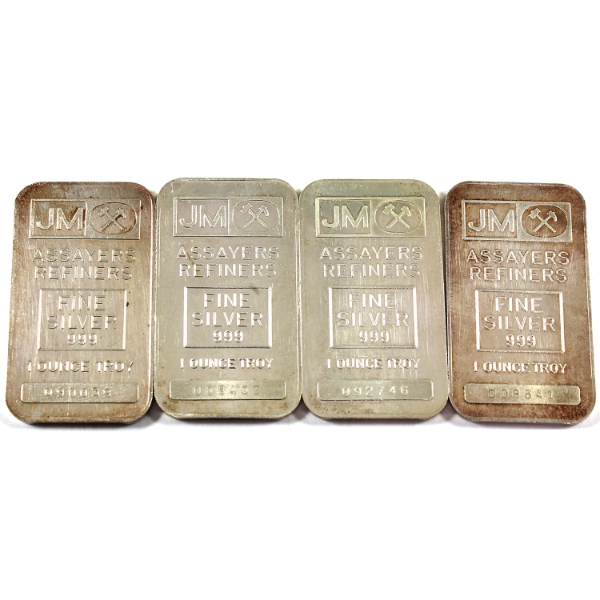 4x 1oz Vintage JM Johnson Matthey 1949 Blank Back .999 Fine Silver Bars. 4pcs. (Tax Exempt)