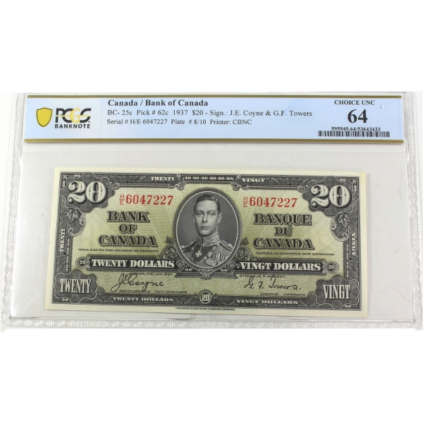 BC-25c 1937 $20 PCGS CUNC64 Coyne-Towers SN: H/E6047227