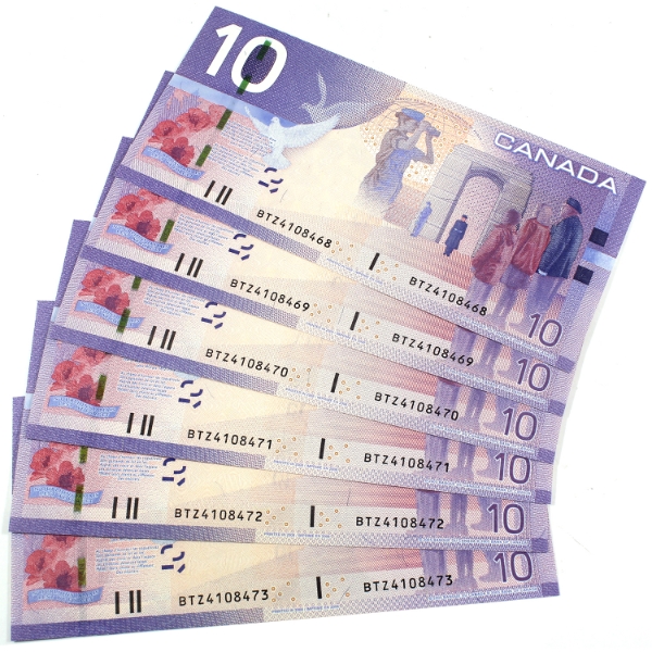 6x BC-68b 2008 $10 Consecutive Jenkins-Carney SN: BTZ4108468-"73. 6pcs.