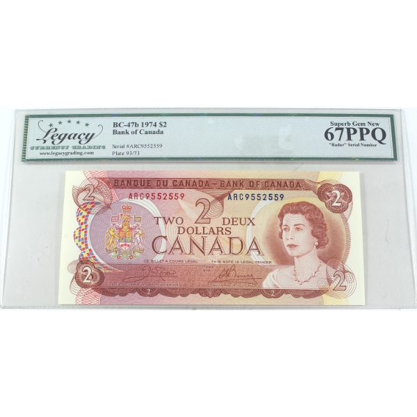 RADAR BC-47b 1974 $2 3-Digit RADAR Legacy Superb GEM UNC67 PPQ Crow-Bouey SN: ARC9552559