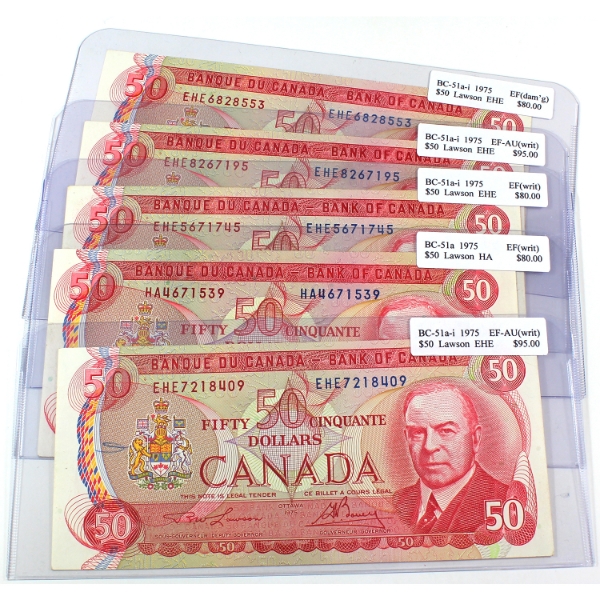 Group Lot of 5x BC51a & BC-51a-i 1975 $50 EF to EF-AU Lawson-Bouey. 5pcs.