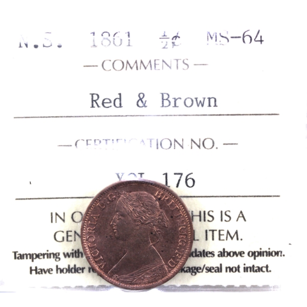 Nova Scotia 1/2-cent 1861 ICCS MS64 Red & Brown *Scarce* 